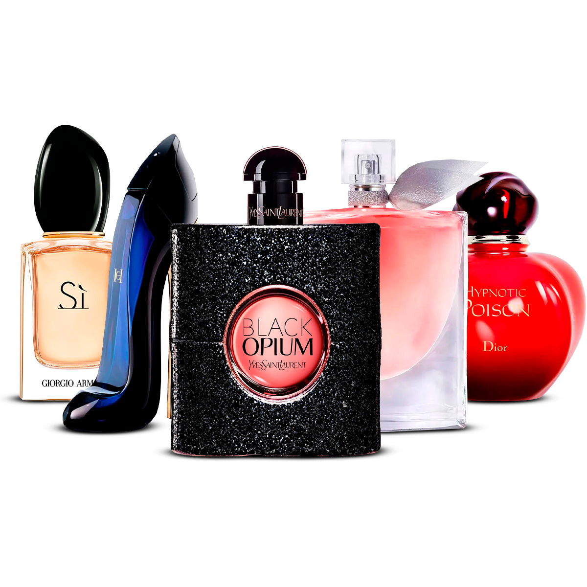 Combination of 5 women's perfumes – Sì, Good Girl, Black Opium, La Vie Est Belle and Hypnotic Poison [100 ml each]