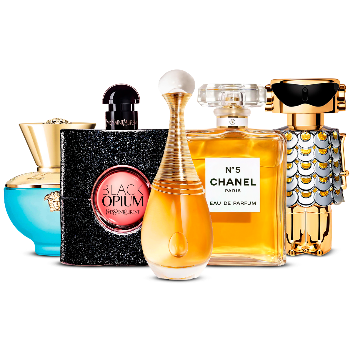 Combination of 5 women's perfumes – Versace Dylan Turquoise, Black Opium, J’adore, Chanel Nº5 and Fame [100 ml each]